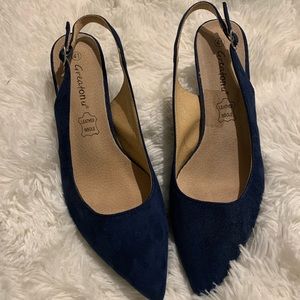GREATONU Dark Blue Suede Slingback Kitten Heel Adjustable Strap Size 10
